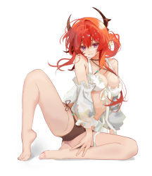 Rule 34 | 1girl, absurdres, arknights, bare legs, bare shoulders, barefoot, bikini, breasts, cleavage, commentary, detached sleeves, enne kl, hair rings, highres, horns, knee up, large breasts, long hair, long sleeves, looking at viewer, purple eyes, red hair, simple background, sitting, smile, solo, stomach, surtr (arknights), surtr (colorful wonderland) (arknights), swimsuit, symbol-only commentary, thighs, white background