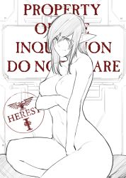 Rule 34 | 1girl, breast hold, breasts, closed mouth, commentary, covering privates, covering crotch, eldar, english commentary, english text, greyscale, heresy, highres, large breasts, less, long hair, looking at viewer, monochrome, navel, nipples, nude, pointy ears, sitting, solo, warhammer 40k