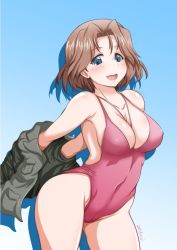 Rule 34 | 1girl, arched back, azumi (girls und panzer), between breasts, black jacket, blue background, blue eyes, blush, breasts, brown hair, cleavage, clothes pull, commentary, covered navel, cowboy shot, girls und panzer, gradient background, jacket, jacket pull, jewelry, large breasts, looking at viewer, necklace, one-hour drawing challenge, one-piece swimsuit, open mouth, parted bangs, purple one-piece swimsuit, selection university military uniform, short hair, silhouette, smile, solo, standing, swimsuit, thighs, twitter username, yts takana