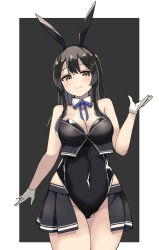 Rule 34 | 1girl, adapted costume, animal ears, black background, black hair, black leotard, blue bow, bow, bowtie, detached collar, fake animal ears, gloves, highres, kantai collection, leotard, long hair, looking at viewer, oyashio (kancolle), playboy bunny, rabbit ears, showgirl skirt, skirt, strapless, strapless leotard, wasumi kei, white background, wrist cuffs, yellow eyes