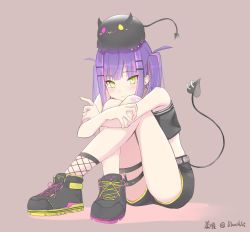Rule 34 | 1girl, absurdres, artist name, bandaid, bandaid on knee, bandaid on leg, bare legs, bibi (tokoyami towa), bitween0908, black camisole, black footwear, black shorts, blush, camisole, closed mouth, commentary, crop top, cross-laced footwear, crossed legs, demon tail, ear piercing, fishnet legwear, fishnets, full body, green eyes, hair ornament, hairclip, highres, hololive, hugging own legs, knees to chest, long hair, looking at viewer, midriff, multicolored hair, multicolored nails, nail polish, no jacket, piercing, pink hair, purple background, purple hair, purple nails, shoes, short shorts, shorts, simple background, sitting, smile, sneakers, streaked hair, tail, tail ornament, tail piercing, thigh strap, thighs, tokoyami towa, twintails, two-tone hair, virtual youtuber, yellow nails
