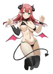 Rule 34 | 1girl, bare shoulders, bikini, black bikini, black collar, black horns, black sleeves, black tail, blush, bow, bow bikini, braid, breasts, chain, collar, collarbone, commentary, commentary request, curled horns, demon girl, demon horns, demon tail, demon wings, detached sleeves, double strap slip, earrings, green bow, green eyes, hands up, heart, heart earrings, heart tattoo, highres, horns, jewelry, large breasts, long hair, looking at viewer, navel, original, partial commentary, pink hair, pink wings, pointy ears, pubic tattoo, ribs, simple background, single detached sleeve, single earring, solo, stomach, swimsuit, tail, tattoo, thighs, white background, wings, yuu (yuu ammy)