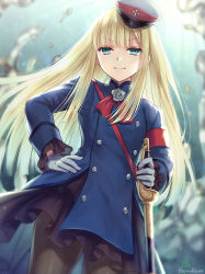 Rule 34 | &gt;:), 1girl, artist name, blonde hair, blue coat, blurry, blurry background, blush, brown pantyhose, closed mouth, coat, commentary request, depth of field, fate/grand order, fate (series), gloves, green eyes, hagino kouta, hand on own hip, hat, highres, holding, holding sword, holding weapon, long hair, long sleeves, lord el-melloi ii case files, pantyhose, peaked cap, reines el-melloi archisorte, revision, saber (weapon), signature, smile, solo, sword, tilted headwear, v-shaped eyebrows, very long hair, weapon, white gloves, white hat