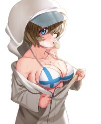 Rule 34 | 1girl, bikini, blonde hair, blue eyes, blush, breasts, cleavage, collarbone, finnish flag bikini, girls und panzer, highres, hood, hoodie, large breasts, looking at viewer, nico-mo, open mouth, short hair, simple background, solo, sweat, swimsuit, white background, youko (girls und panzer)