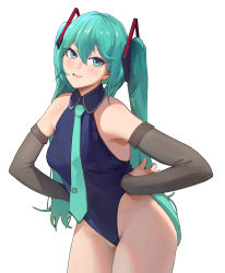 Rule 34 | 1girl, absurdres, bare shoulders, blue eyes, blue hair, blue leotard, blue necktie, collared leotard, cowboy shot, detached sleeves, grey sleeves, hands on own hips, hatsune miku, highres, leotard, long hair, looking at viewer, necktie, parted lips, rocher-hd, simple background, smile, solo, symbol-only commentary, twintails, very long hair, vocaloid, white background