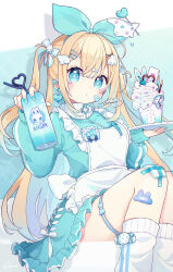 1girl apron aqua_background aqua_bow aqua_eyes aqua_hair aqua_nails aqua_theme badge bandaid bandaid_on_face bandaid_on_leg blonde_hair blush bow button_badge can chon_(chon33v) closed_mouth colored_inner_hair crazy_straw dot_mouth dot_nose drinking_straw earclip earrings frilled_apron frills hair_bow hair_ornament hair_ribbon hairclip heart heart_earrings heart_straw highres holding holding_can holding_plate jacket jersey_maid jewelry kneehighs long_hair long_sleeves looking_at_viewer loose_socks maid maid_apron milkshake multicolored_hair nail_polish original plate polka_dot polka_dot_ribbon rabbit_hair_ornament ribbon signature sitting socks solo star-shaped_pupils star_(symbol) symbol-shaped_pupils tenshi_kaiwai thigh_strap track_jacket turtleneck turtleneck_jacket twintails unconventional_maid whipped_cream white_apron wing_hair_ornament zipper zipper_pull_tab