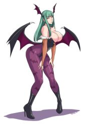 Rule 34 | 1girl, bare shoulders, boots, breasts, capcom, cleavage, devil-v, green eyes, green hair, high heel boots, high heels, highres, large breasts, lip biting, long hair, morrigan aensland, simple background, solo, vampire (game), white background