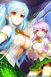 Rule 34 | 2girls, bike shorts, blue hair, breasts, cat shi, cleavage, clenched teeth, flower, hair ornament, hair ribbon, holding, large breasts, long hair, luthica preventer, multiple girls, no bra, open clothes, open shirt, pintail (sword girls), plaid, plaid skirt, pleated skirt, purple eyes, purple hair, red eyes, ribbon, school uniform, see-through, shirt, skirt, spandex, sword, sword girls, teeth, twintails, weapon