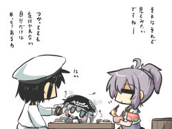 Rule 34 | 10s, 1boy, 2girls, = =, abyssal ship, admiral (kancolle), ahoge, aoba (kancolle), armband, blue hair, blush stickers, bowl, chibi, chopsticks, eating, goma (gomasamune), hat, jitome, kantai collection, light purple hair, multiple girls, ponytail, rice, school uniform, serafuku, silver hair, sitting, skirt, soy sauce, table, teeth, translation request, wo-class aircraft carrier