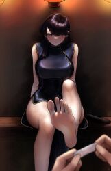 Rule 34 | 1girl, arms behind back, bandaid, bare legs, barefoot, black dress, black hair, blurry, blurry foreground, blush, breasts, china dress, chinese clothes, closed mouth, depth of field, dress, feet, foot focus, foot out of frame, foot up, highres, komi-san wa komyushou desu, komi shouko, large breasts, leg up, long hair, looking at viewer, nikishiko, pov, pov hands, purple eyes, shoes, unworn shoes, sitting, soles, thighs, toes
