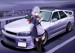 Rule 34 | 1girl, 3books, absurdres, apron, black footwear, blue dress, blue eyes, boots, breasts, car, cigarette, commentary request, dress, frilled apron, frills, full body, hair between eyes, hand up, highres, holding, holding cigarette, izayoi sakuya, juliet sleeves, long sleeves, looking at viewer, maid, maid apron, maid headdress, medium breasts, motor vehicle, nissan skyline, nissan skyline gt-r, nissan skyline r33, outdoors, partial commentary, perfect cherry blossom, petticoat, puffy sleeves, railing, red scarf, road, scarf, shadow, short hair, silver hair, smoke, smoking, solo, standing, touhou, vehicle focus, waist apron, white apron