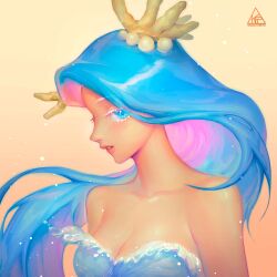 Rule 34 | 1girl, aqua eyes, aqua hair, artist name, bare shoulders, blue eyes, blue hair, commentary request, cookie run, eggutarto, from side, highres, humanization, liquid hair, long hair, looking at viewer, parted lips, pointy ears, sea fairy cookie, solo, sparkle, upper body