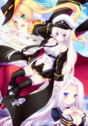Rule 34 | 3girls, :d, arm behind head, armband, azur lane, bad id, bad twitter id, bare shoulders, black coat, black footwear, black hat, black neckwear, black skirt, black thighhighs, blonde hair, blue eyes, blush, boots, breasts, character name, cleavage, coat, collared shirt, commentary, cowboy hat, enterprise (azur lane), fingernails, floating hair, green eyes, hat, hornet (azur lane), interlocked fingers, large breasts, long coat, long hair, mikoto r a, military, military uniform, miniskirt, multiple girls, necktie, open mouth, own hands together, parted bangs, peaked cap, pleated skirt, purple eyes, shirt, siblings, silver hair, sisters, skirt, sleeveless, sleeveless shirt, smile, star (symbol), thighhighs, twintails, underbust, uniform, very long hair, white hat, white shirt, yorktown (azur lane), zettai ryouiki