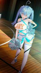 Rule 34 | 1girl, 3d, ahoge, alternate costume, artist request, blue hair, blush, breasts, cheerleader, detached sleeves, disgust, gym, hand on own hip, heart, heart ahoge, highres, hololive, large breasts, looking at viewer, lower teeth only, open mouth, pointy ears, pom pom (cheerleading), school gym, serious, shoes, skirt, sneakers, teeth, thighhighs, twintails, virtual youtuber, yellow eyes, yukihana lamy