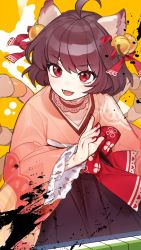 Rule 34 | 1girl, animal ears, bell, brown hair, cat ears, cat girl, fangs, hair bell, hair ornament, highres, ichihime, japanese clothes, kimono, looking at viewer, mahjong soul, nail polish, open mouth, red eyes, short hair, shu rin, solo, yellow background