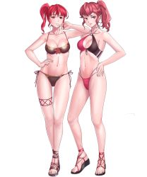 Rule 34 | 2girls, anna (fire emblem), bikini, blush, breasts, cleavage, damsefly, finger to mouth, fire emblem, hand on own hip, highres, medium breasts, multiple girls, nintendo, o-ring, o-ring bikini, o-ring top, open mouth, ponytail, red eyes, red hair, sandals, side-tie bikini bottom, side ponytail, sidelocks, smile, swimsuit, transparent background