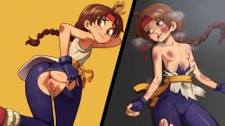Rule 34 | 2022, absurdres, ass, bite mark, blood, blue gloves, blue legwear, breasts, brown eyes, brown hair, cleft of venus, gloves, highres, injury, lip biting, mangamaster, nosebleed, pussy, simple background, small breasts, snk, sweat, the king of fighters, tongue, tongue out, torn clothes, yuri sakazaki