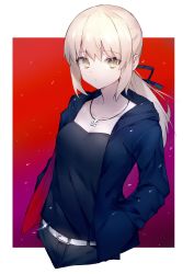 Rule 34 | 1girl, absurdres, artoria pendragon (all), artoria pendragon (fate), belt, belt buckle, black ribbon, black shirt, breasts, buckle, cleavage, collarbone, cropped legs, fate/stay night, fate (series), film grain, hair between eyes, hair ribbon, hands in pockets, highres, hood, hood down, hooded jacket, jacket, jewelry, long hair, long sleeves, looking at viewer, necklace, official alternate costume, open clothes, open jacket, ponytail, purple background, red background, ribbon, ryou (ponpgo), saber alter, saber alter (ver. shinjuku 1999) (fate), shirt, silver hair, small breasts, solo, white background, white belt, yellow eyes