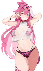 1girl alternate_costume animal_ear_fluff animal_ears arms_behind_head arms_up bikini bikini_under_clothes blush bracelet breasts cleavage closed_mouth commentary crop_top cropped_shirt fingernails goggles goggles_on_head hair_between_eyes hair_intakes highres hololive hololive_english jewelry ku_roiko large_breasts long_hair looking_at_viewer multicolored_hair multiple_bracelets navel panther_ears panther_girl panther_print panther_tail pink_bikini pink_hair raora_panthera see-through_cleavage see-through_clothes see-through_shirt shirt simple_background smile solo streaked_hair swimsuit tail thighs upper_body virtual_youtuber white_background white_hair white_shirt yellow_eyes