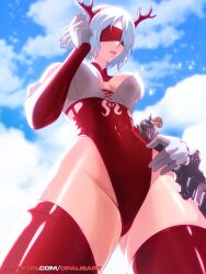 Rule 34 | 1girl, 2b (nier:automata), absurdres, blindfold, blue eyes, blue sky, breasts, christmas, christmas ornaments, cleavage, curvy, day, gloves, hand in own hair, highleg, highleg leotard, highres, holding, holding sword, holding weapon, large breasts, leotard, lips, mole, mole under mouth, nier:automata, nier (series), one eye covered, opalis, open mouth, red leotard, shiny skin, sky, solo, sword, thick thighs, thighs, thong leotard, weapon, white gloves, white hair, wide hips