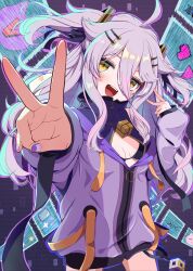Rule 34 | 1girl, ahoge, black bra, black ribbon, bra, breasts, cleavage cutout, clothing cutout, double v, dress, gradient hair, grey hair, hair between eyes, hair ornament, hair ribbon, henya the genius, henya the genius (1st costume), highres, jacket, long bangs, long hair, looking at viewer, mimo (mimo illust), multicolored hair, open mouth, purple dress, purple hair, purple jacket, purple nails, ribbon, small breasts, smile, solo, teeth, two side up, underwear, upper teeth only, v, virtual youtuber, vshojo, yellow eyes