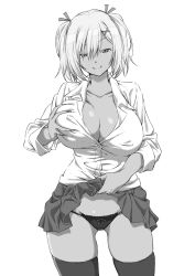 Rule 34 | 1girl, black panties, black thighhighs, bow, bow panties, breasts, clothes lift, collarbone, contrapposto, covered erect nipples, cowboy shot, deep skin, grabbing own breast, greyscale, gyaru, hair between eyes, hair ornament, hair ribbon, highres, kogal, large breasts, lifted by self, looking at viewer, miniskirt, monochrome, naughty face, no bra, original, panties, pleated skirt, ribbon, school uniform, shirt, short hair, simple background, skirt, skirt lift, smile, solo, standing, tan, thighhighs, tonkotu102, twintails, underwear, white shirt, x hair ornament