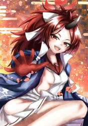 Rule 34 | 1girl, blue archive, blush, breasts, dress, eyeliner, hair ribbon, halo, highres, horns, long hair, looking at viewer, makeup, okanda, parted bangs, ponytail, red eyes, red hair, red sailor collar, renge (blue archive), ribbon, sailor collar, sideless outfit, single horn, small breasts, solo, tail, white dress