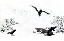 Rule 34 | ambiguous gender, animal, bare tree, bird, black hair, blanket, corpse, crow, mugly, nature, original, outdoors, scenery, snow, tree, white theme, wide shot, winter