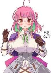 Rule 34 | 1girl, ahoge, alternate hairstyle, armor, armored dress, artist name, breasts, brown gloves, commentary request, cosplay, dated, double bun, dress, gloves, green hair, hair bun, highres, kantai collection, large breasts, looking at viewer, multicolored hair, name connection, one-hour drawing challenge, owa (ishtail), pink-framed eyewear, pink hair, red eyes, short hair, simple background, solo, streaked hair, ume (flower knight girl), ume (flower knight girl) (cosplay), ume (kancolle), upper body, white background, white dress