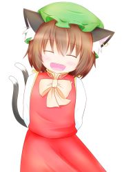 Rule 34 | 1girl, animal ear fluff, animal ears, bad id, bad pixiv id, bow, bowtie, brown hair, cat ears, cat tail, chen, closed eyes, cowboy shot, dress, earrings, gold trim, happy, hat, highres, jewelry, leaning to the side, mob cap, multiple tails, nekomata, open mouth, red dress, short hair, simple background, single earring, smile, solo, tail, touhou, two tails, uru (uru0301), white background, yellow bow, yellow bowtie