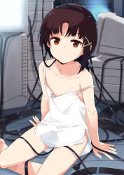 Rule 34 | 1girl, absurdres, arm support, bare legs, bare shoulders, brown eyes, brown hair, cable, closed mouth, collarbone, commentary, crt, dress, english commentary, hair ornament, highres, iwakura lain, looking at viewer, mousou (mousou temporary), serial experiments lain, short hair, sitting, solo, strap slip, white dress, x hair ornament, yokozuwari