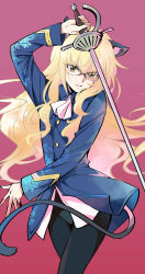 Rule 34 | 1girl, agahari, animal ear fluff, animal ears, arm above head, ascot, black pantyhose, blonde hair, cat ears, cat tail, glasses, highres, long hair, looking at viewer, military, military uniform, pantyhose, perrine h. clostermann, pink background, rapier, solo, strike witches, sword, tail, uniform, weapon, world witches series, yellow eyes