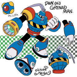 Rule 34 | 1boy, ariga hitoshi, arm cannon, armor, artist name, ball, belt, black bodysuit, blue armor, blue footwear, bodysuit, bomb, boots, breastplate, character name, character sheet, checkered background, commentary request, concept art, diagonal-striped clothes, explosive, from behind, full body, gloves, gradient background, green background, grenade man, helmet, highres, humanoid robot, joints, knee boots, lever, light green background, looking ahead, looking to the side, male focus, mega man (classic), mega man (series), mega man 8, mega man megamix, multiple views, no humans, red armor, red belt, red eyes, robot, robot ears, robot joints, scanlines, shoe soles, shoulder armor, signature, simple background, standing, striped clothes, three quarter view, thumbs down, translated, turnaround, upper body, weapon, white background, white gloves