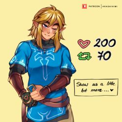 Rule 34 | 1boy, absurdres, akaihimi, arm guards, blonde hair, english text, highres, like and retweet, link, male focus, meme, nintendo, one eye closed, pointy ears, smile, the legend of zelda, the legend of zelda: tears of the kingdom, twitter strip game (meme), unbuckling, undressing, upper body