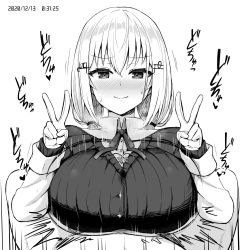 Rule 34 | 1boy, 1girl, blush, breasts squeezed together, breasts, buttons, dated, hair ornament, hakase fuyuki, highres, large breasts, long hair, looking at viewer, monochrome, nijisanji, noumu (pixiv), paizuri, paizuri under clothes, pov, ribbon, sound effects, sweater, twintails, v, virtual youtuber