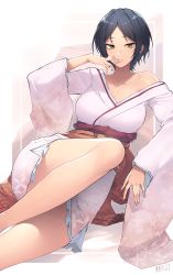 Rule 34 | 1girl, artist name, black hair, breasts, cleavage, finger to mouth, green eyes, highres, japanese clothes, jjune, kimono, medium breasts, obi, off shoulder, original, sash, short hair, solo, thighs, white background, wide sleeves
