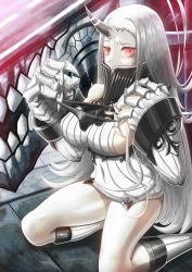 Rule 34 | 10s, 1girl, abyssal ship, black panties, breasts, brianchan.t.w, claws, covered mouth, covered navel, cowboy shot, dress, highres, holding, holding clothes, holding panties, holding underwear, horns, kantai collection, large breasts, long hair, looking at viewer, pale skin, panties, red eyes, ribbed dress, seaport princess, short dress, sideboob, silver hair, single horn, sitting, solo, thighs, underwear, very long hair, yokozuwari