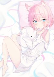 Rule 34 | 1girl, animal ear fluff, animal ears, bare legs, bare shoulders, barefoot, bed sheet, blue eyes, blush, brown hair, cat ears, closed mouth, collared shirt, commentary request, feet out of frame, hair between eyes, hair ornament, highres, indie virtual youtuber, long hair, long sleeves, looking at viewer, low twintails, lying, multicolored hair, nail polish, naked shirt, hugging object, off shoulder, on side, pillow, pink hair, red nails, sakurada hane, shirt, sleeves past wrists, twintails, two-tone hair, virtual youtuber, white shirt, yunominomi