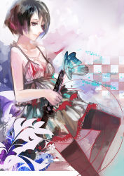 Rule 34 | 1girl, a.r.k, black eyes, black hair, black thighhighs, breasts, bug, butterfly, checkered background, cleavage, dogs: bullets &amp; carnage, dress, female focus, fuyumine naoto, gradient background, insect, katana, scar, short hair, solo, sword, thighhighs, weapon, zettai ryouiki