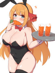 Rule 34 | 1girl, absurdres, animal ears, areola slip, bare shoulders, black leotard, black thighhighs, blue eyes, blush, bow, bowtie, breasts, carrot, collarbone, covered navel, cowboy shot, cup, detached collar, eating, fake animal ears, fizz (pixiv34498626), groin, hair ribbon, highleg, highleg leotard, highres, holding, holding tray, large breasts, leotard, long hair, looking at viewer, orange hair, pecorine (princess connect!), playboy bunny, princess connect!, rabbit ears, red bow, red bowtie, red ribbon, ribbon, shiny skin, simple background, skindentation, solo, strapless, strapless leotard, thick thighs, thighhighs, thighs, tray, white background, wrist cuffs