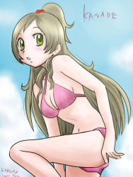 Rule 34 | 10s, 2011, :o, adjusting clothes, adjusting swimsuit, artist name, bikini, blue sky, breasts, brown hair, character name, cloud, dated, green eyes, hair bobbles, hair ornament, kasuga rurito, long hair, medium breasts, minamino kanade, parted lips, pink bikini, precure, sky, solo, standing, standing on one leg, suite precure, swimsuit