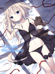 Rule 34 | 1girl, ahoge, arm up, asymmetrical hair, babydoll, bare arms, bare shoulders, bed sheet, black babydoll, black bow, black panties, blonde hair, blue eyes, blush, bow, bow panties, breasts, closed mouth, collarbone, commentary request, fingernails, hair between eyes, long hair, looking at viewer, lying, milestone celebration, hugging object, on back, original, panties, pillow, red ribbon, ribbon, see-through, small breasts, solo, strap slip, stuffed animal, stuffed toy, teddy bear, thank you, tia-chan, uchuuneko, underwear, underwear only, very long hair
