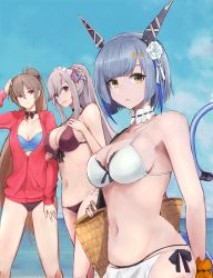 Rule 34 | 3girls, :d, azur lane, bag, bare arms, bare shoulders, bikini, bikini under clothes, black choker, blue hair, blue sky, braid, breasts, brown hair, butterfly hair ornament, choker, cleavage, closed mouth, cloud, collarbone, commentary request, day, dunkerque (azur lane), dunkerque (summer sucre) (azur lane), front-tie bikini top, front-tie top, gascogne (azur lane), gascogne (tropical environs acclimation service equipment) (azur lane), hair between eyes, hair ornament, halterneck, hand up, headdress, highres, horizon, jacket, jean bart (azur lane), large breasts, long hair, long sleeves, looking at viewer, marshall k, medium breasts, mismatched bikini, multi-strapped bikini bottom, multiple girls, navel, ocean, open mouth, outdoors, parted lips, partially unzipped, ponytail, purple bikini, red eyes, red jacket, sarong, short hair, sidelocks, silver hair, sky, smile, standing, strap gap, swimsuit, tail, very long hair, white bikini, yellow eyes