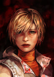 Rule 34 | 1girl, black background, blonde hair, blood, freckles, hair between eyes, heather mason, hungry clicker, jacket, konami, lips, looking at viewer, nose, parted lips, short hair, silent hill, silent hill (series), silent hill 3, sleeveless, solo, turtleneck, upper body