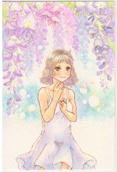 Rule 34 | 1girl, bare shoulders, brown eyes, brown hair, closed mouth, collarbone, cowboy shot, dated, dress, floral background, flower, highres, medium hair, original, purple flower, shin1ar24, smile, solo, sundress, traditional media, watercolor pencil (medium), white dress