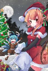 Rule 34 | 2girls, animal costume, antlers, black thighhighs, blonde hair, blue eyes, blue hair, box, brown footwear, brown gloves, candy, candy cane, capelet, christmas tree, cirno, crystal, dress, flandre scarlet, food, full moon, fumo (doll), fur trim, gift, gift box, gloves, grey hair, grey sky, hat, horns, inu sakuya (nejikirio), izayoi sakuya, jyaoh0731, looking at viewer, medium hair, moon, multiple girls, one side up, open mouth, outdoors, pointy ears, red capelet, red dress, red eyes, red headwear, reindeer antlers, reindeer costume, sack, santa costume, santa hat, short hair, sky, snow, snowing, standing, star (symbol), thighhighs, touhou, wings