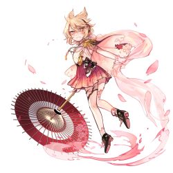 Rule 34 | 1girl, anklet, bad id, bad twitter id, bare legs, black footwear, blonde hair, cherry blossoms, earmuffs, elbow gloves, floral print, gloves, hair between eyes, highres, holding, holding umbrella, jewelry, miniskirt, oil-paper umbrella, pink skirt, pink theme, pleated skirt, pointy hair, shan, shawl, shoes, simple background, skirt, sleeveless, solo, tassel, touhou, toyosatomimi no miko, umbrella, white background, white gloves, yellow eyes