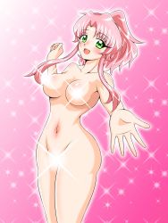 Rule 34 | 1girl, blush, breasts, censored, censored nipples, convenient censoring, glowing, gradient background, green eyes, highres, inabakun00, large breasts, long hair, looking at viewer, navel, nude, open mouth, original, outstretched hand, pink hair, ponytail, rio (inaba), smile, solo, sparkle, sparkle background, standing