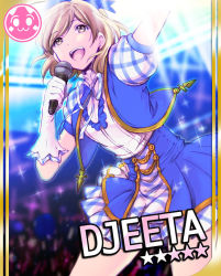 Rule 34 | 10s, 1girl, :d, alternate costume, arm up, blonde hair, card (medium), card parody, character name, cinderella girls card parody, crowd, djeeta (granblue fantasy), gb hm, gloves, glowstick, granblue fantasy, holding, idolmaster, idolmaster cinderella girls, kimi to boku no mirai, long hair, looking up, microphone, miniskirt, open mouth, puffy short sleeves, puffy sleeves, ribbon, short sleeves, skirt, smile, solo, sparkle, stage, star (symbol), superstar (granblue fantasy), superstar ex (granblue fantasy), vyrn (granblue fantasy), white gloves, yellow eyes