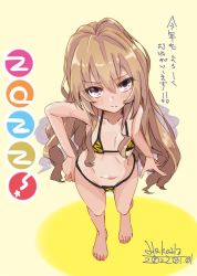 Rule 34 | 1girl, 2022, aisaka taiga, alakoala, alternate costume, animal print, barefoot, bikini, brown eyes, chinese zodiac, collarbone, commentary request, cowboy shot, dated, feet, flat chest, from above, highres, light brown hair, logo parody, looking at viewer, new year, solo, standing, swimsuit, tiger print, toradora!, translation request, year of the tiger